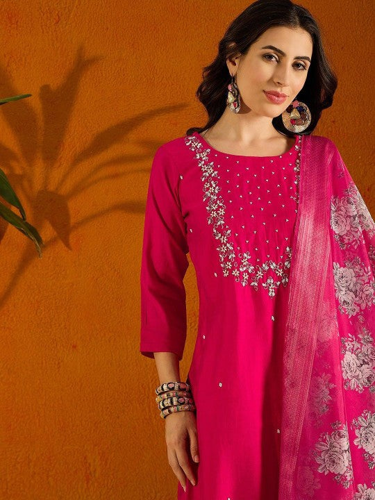 Floral Yoke Design Round Neck Beads And Stones Kurta With Trousers & Dupatta
