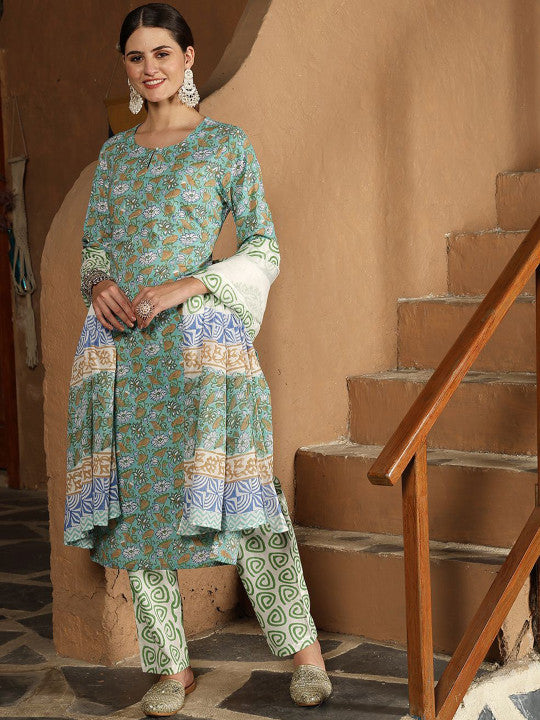 Taavi Women Floral Hand Block Print Kurta with Trousers & Dupatta