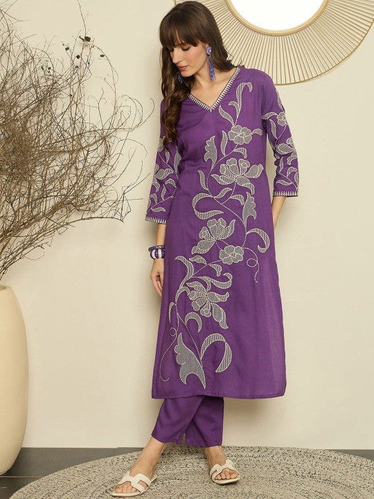 Indo Era Women Embroidered V-Neck Top and Trousers Co-Ords