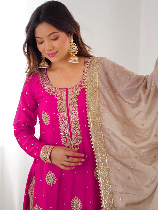 all about you Women Ethnic Motifs Embroidered Thread Work Kurta with Sharara & Dupatta