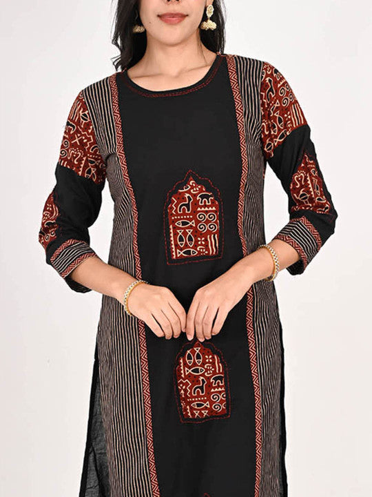 INDULI Geometric Printed Round Neck Pure Cotton Straight Kurta With Trousers & Dupatta