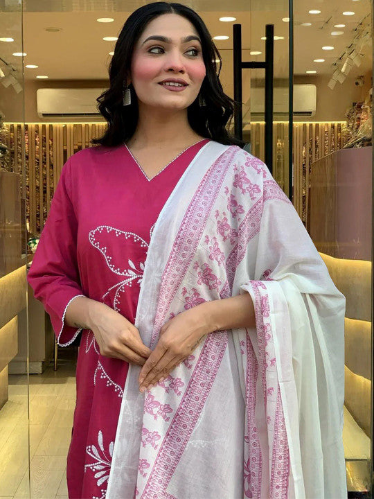 ATOXIC Women Floral Printed Regular Chanderi Cotton Kurta with Trousers & With Dupatta