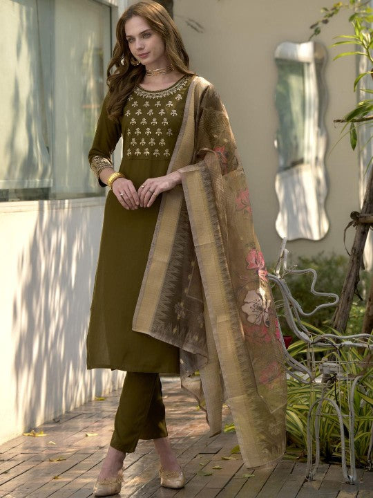 ZIRVI Women Yoke Design Regular Kurta with Trousers & With Dupatta
