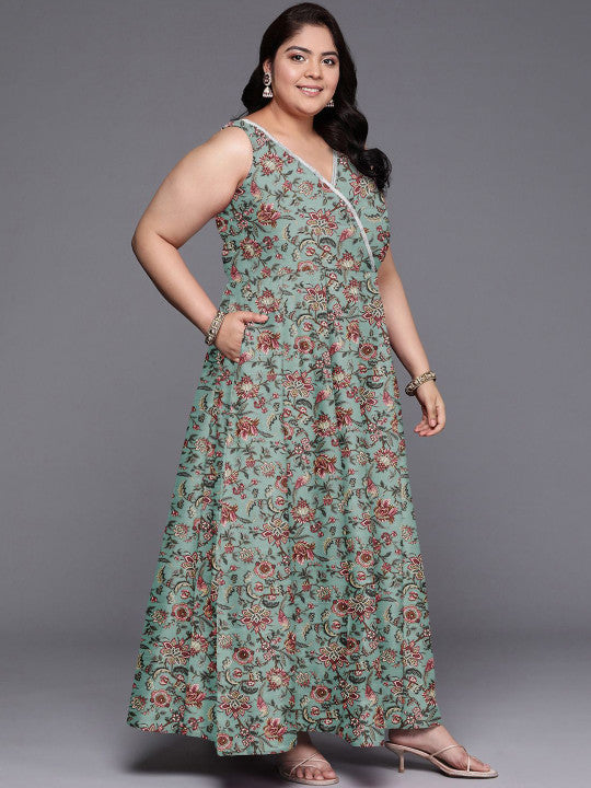 A PLUS BY AHALYAA Plus Size Silk V-Neck Ethnic Dresses