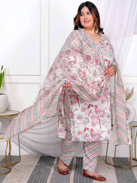 Doriyaan Plus Size Floral Printed V-Neck Pure Cotton Kurta With Trousers And Dupatta