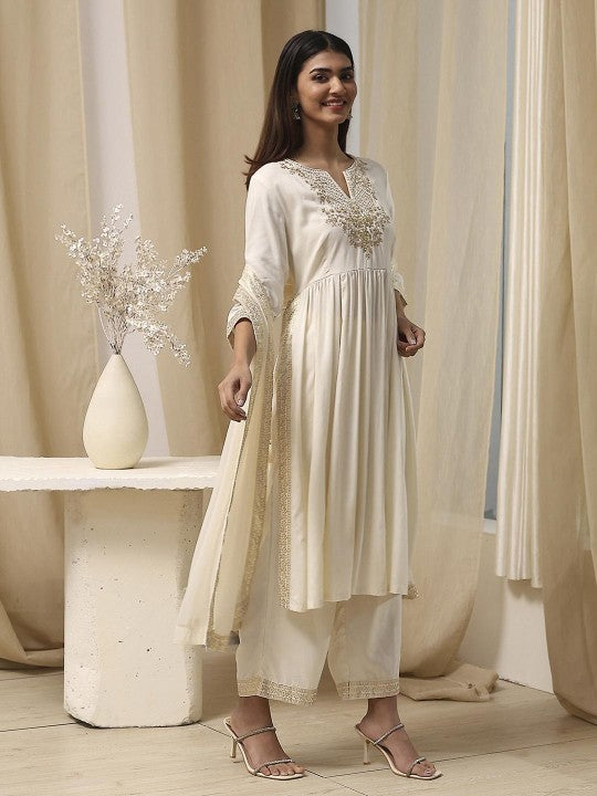 Biba Women Floral Embroidered Regular Thread Work Kurta with Palazzos & With Dupatta