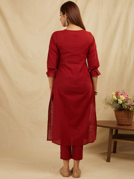 Bada Boota Floral Yoke Design Sequinned Pure Cotton A-Line Kurta With Trousers & Dupatta
