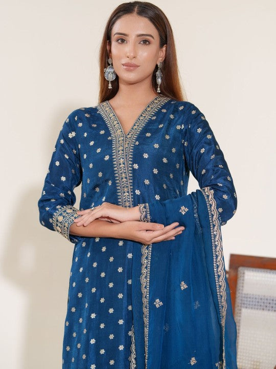 House of Pataudi Floral Woven Design V-Neck Pure Silk Kurta