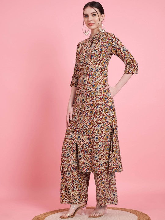 Vbuyz Floral Printed Mandarin Collar Kalamkari Straight Top With Palazzos