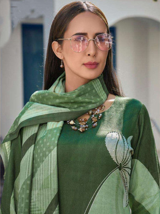 Floral Printed V-Neck Straight Thread Work Kurta With Trousers & Dupatta