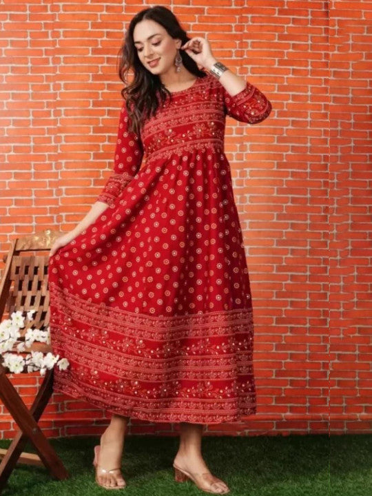 Vorcia Febtex Women Block Printed Round Neck Anarkali Dress