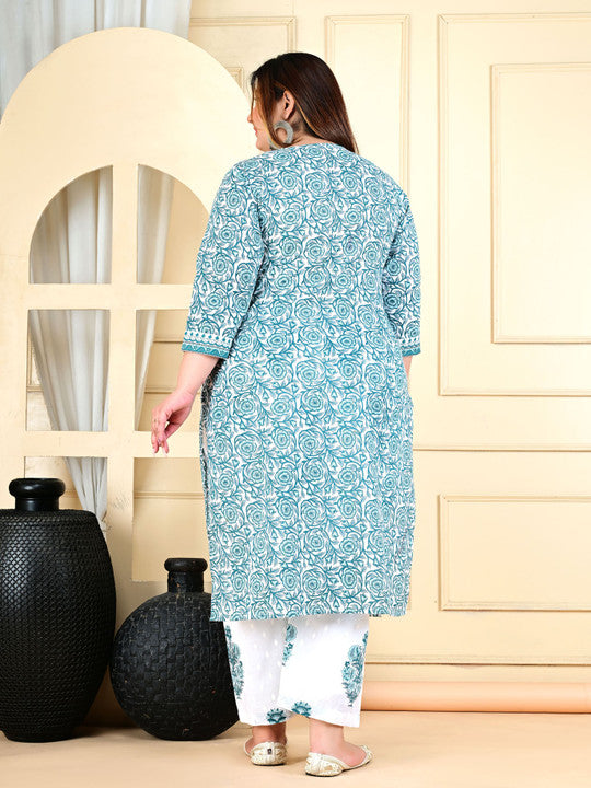 Floral Printed Pure Cotton Kurta With Trouser And Dupatta
