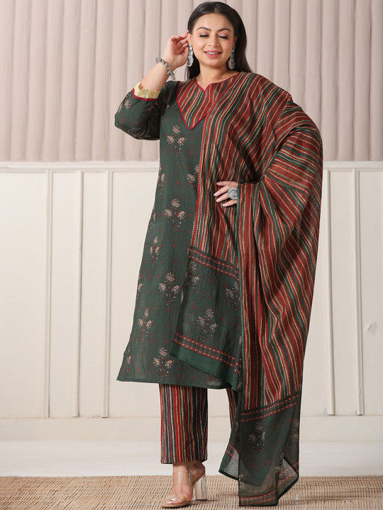 Yufta Plus Size Floral Printed V-Neck Pure Cotton Straight Kurta With Trousers And Dupatta