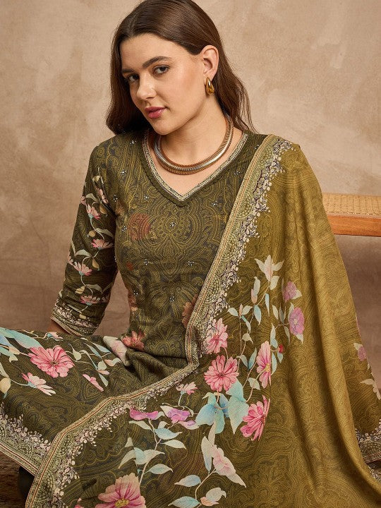 all about you Green Floral Printed V-Neck Pure Cotton Kurta with Trousers & Dupatta