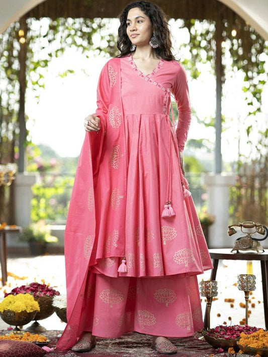 DIVASTRI Women Floral Printed Regular Pure Cotton Kurta with Palazzos & Dupatta