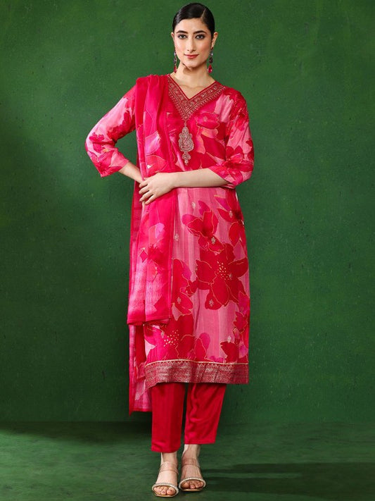 Jaipur Kurti Women Floral Embroidered A-Line Regular Kurta Trousers With Dupatta