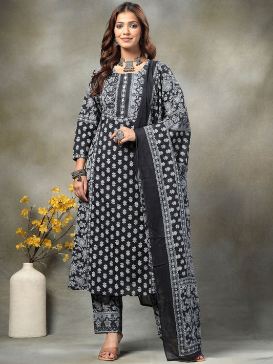 Yufta Floral Printed Sequinned Pure Cotton Kurta With Trousers & Dupatta