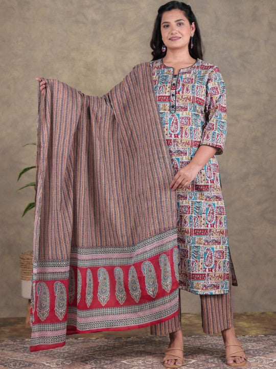 Aramya Women Paisley Printed Cotton Kurta with Palazzos & Dupatta