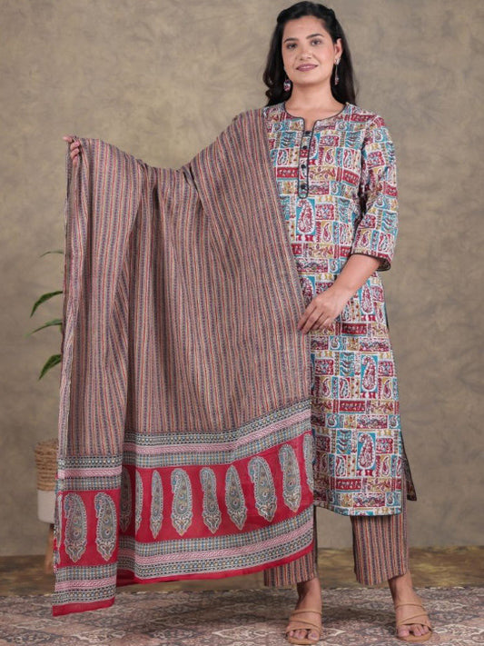 Aramya Women Paisley Printed Cotton Kurta with Palazzos & Dupatta