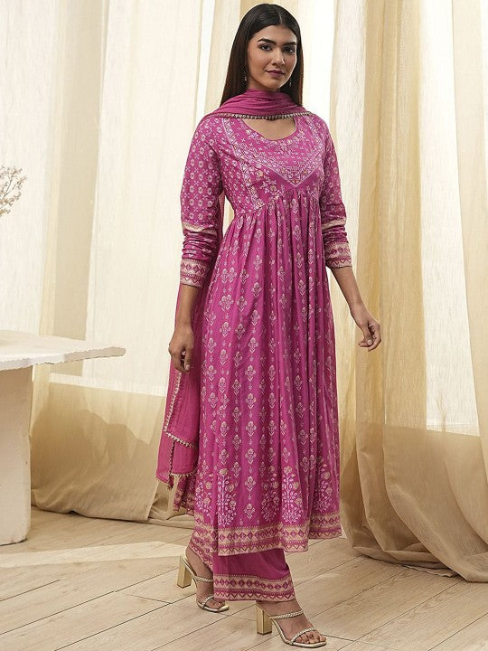 Biba Floral Printed Round neck Pure Cotton Anarkali Kurta With Palazzos And Dupatta