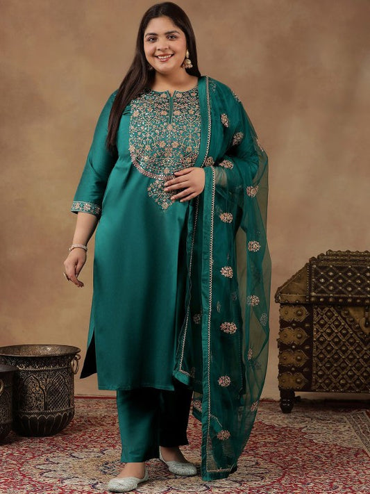 INDDUS PLUS Ethnic Motifs Embroidered Zari Straight Kurta