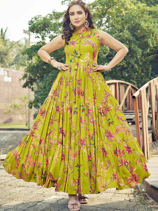 CHANSI Floral Printed Pleated Flared Maxi Dress