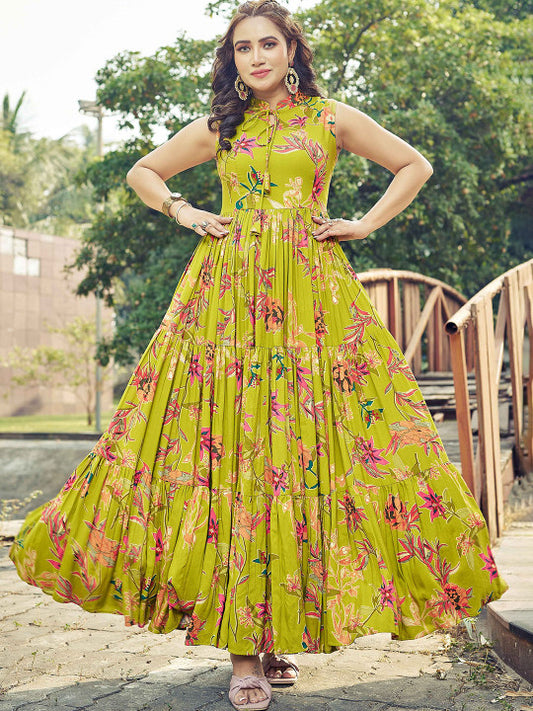 CHANSI Floral Printed Pleated Flared Maxi Dress
