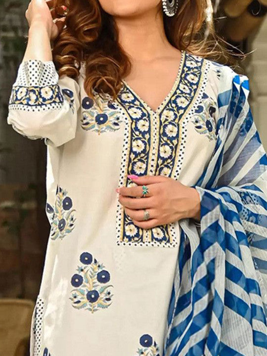 Ethnic basket Women White Cotton Blend Kurta Sets With Dupatta
