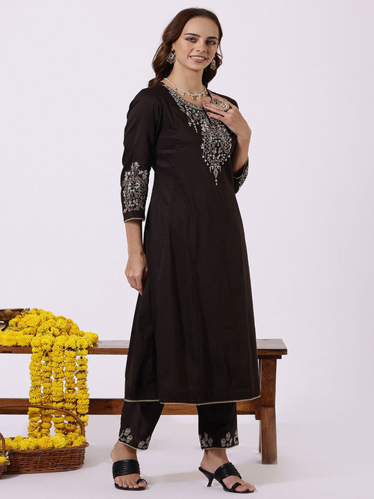 W Floral Embroidered Zari A-line Kurta With Trouser And Dupatta