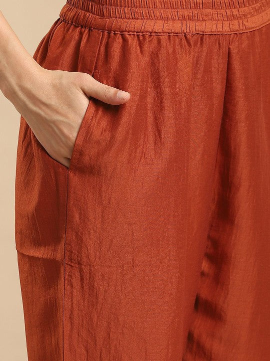 Floral Yoke Design Thread Work Kurta With Trousers & Dupatta
