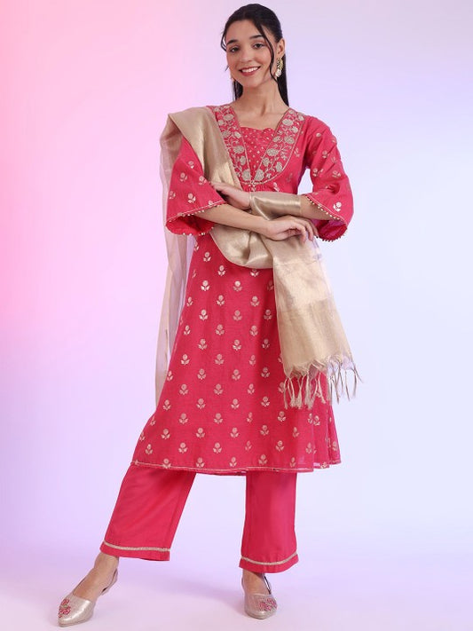 AURELIA Floral Embroidered Sequnnied A-Line Kurta With Palazzos And Dupatta
