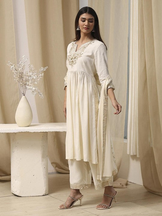 Biba Women Floral Embroidered Regular Thread Work Kurta with Palazzos & With Dupatta