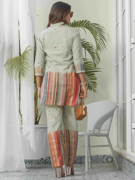 Printed Pure Cotton Schiffli Shirt Collar Tunic With Trousers