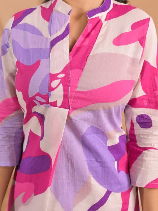 Printed Mandarin Collar Tunic With Palazzos Co-Ords