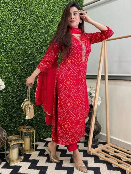 hirangana Bandhani Printed Gotta Patti Notch Neck Straight Kurta With Trousers & Dupatta