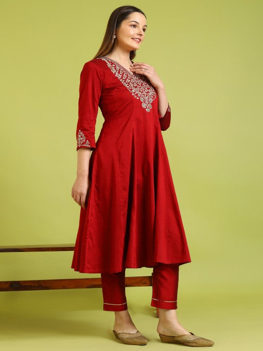 W Red Floral Embroidered V-Neck A-Line Kurta With Trousers And Dupatta