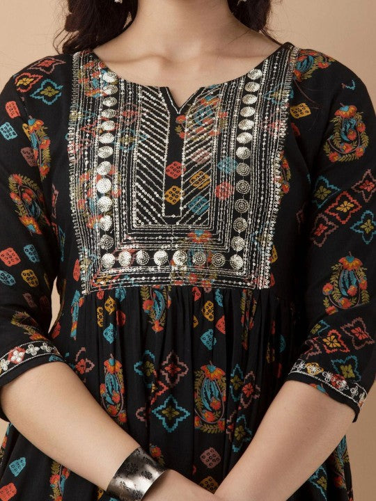 Anushansa Floral Printed Notch Neck Sequinned Straight Kurta