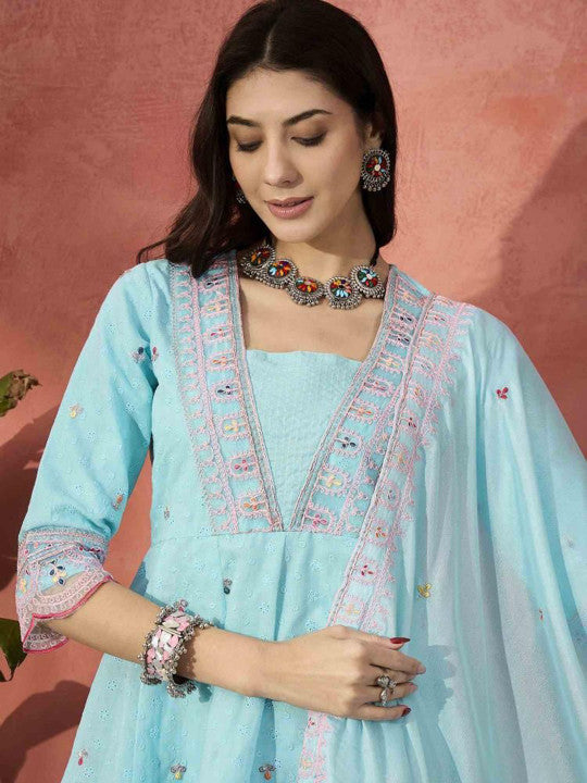 Aralia Women Floral Embroidered Regular Thread Work Pure Cotton Kurta Sets