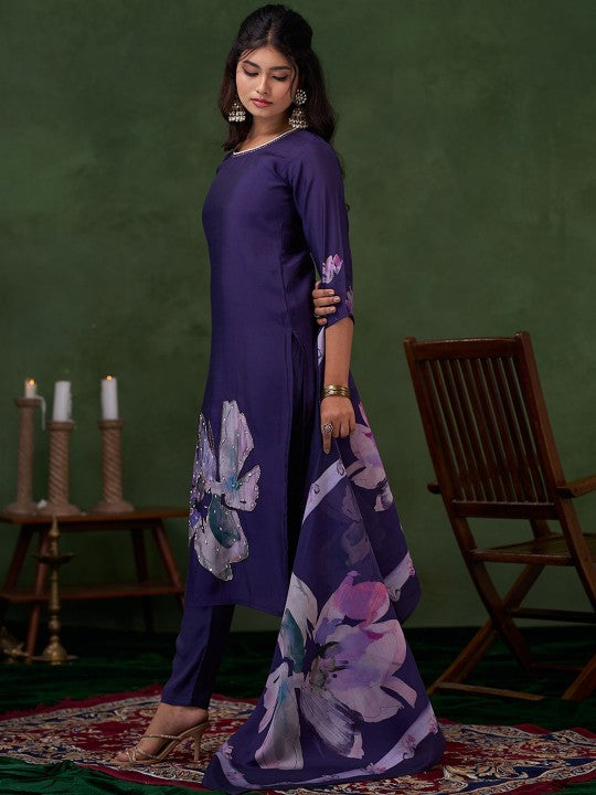 Anouk Floral Printed Sequnnied Straight Kurta