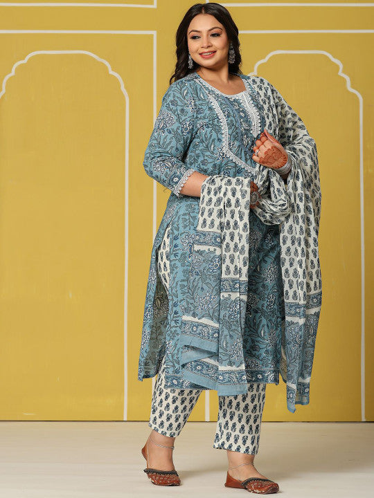 Yufta Plus Size Floral Printed Sequinned Pure Cotton Kurta With Trouser And Dupatta