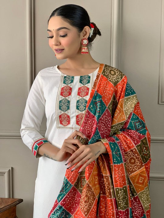 Embroidered Round Neck Kurta With Trousers & Dupatta