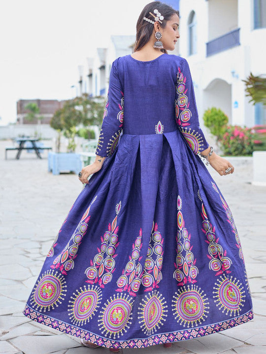 Floral Printed V-Neck Fit And Flare Ethnic Dresses