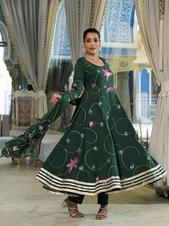 Divena Women Floral Printed Pure Cotton A-Line Kurta with Trousers & Dupatta