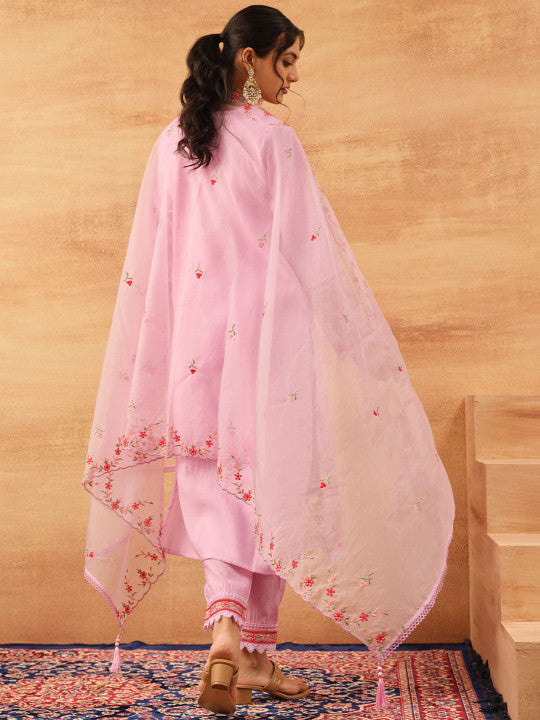 Ishin Floral Embroidered Round Neck Straight Kurta With Trouser & Dupatta