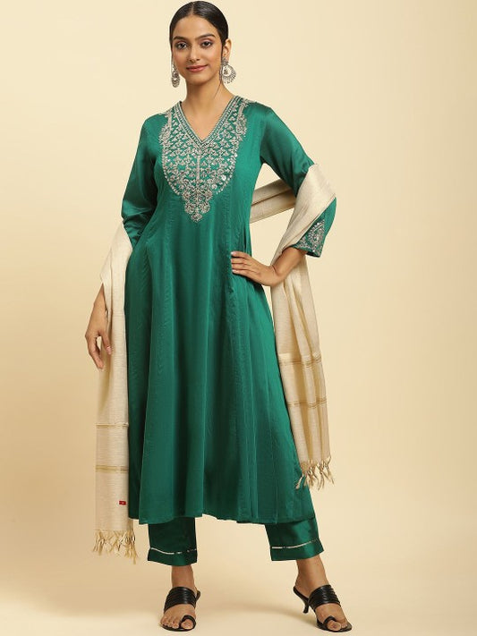 W Women Embroidered Regular Kurta with Trousers & With Dupatta
