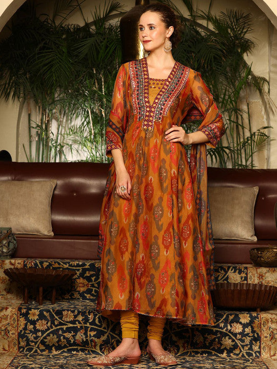 W Women Ethnic Motifs Printed Regular Thread Work Kurta with Trousers & With Dupatta