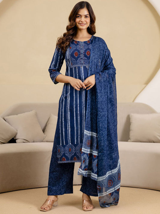 Trendmalls Ethnic Motifs Printed Regular Pure Cotton Kurta With Trousers & Dupatta