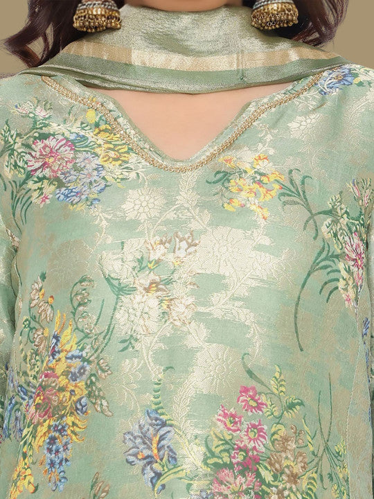 W Floral Printed Regular V-neck A-line Kurta With Trousers And Dupatta