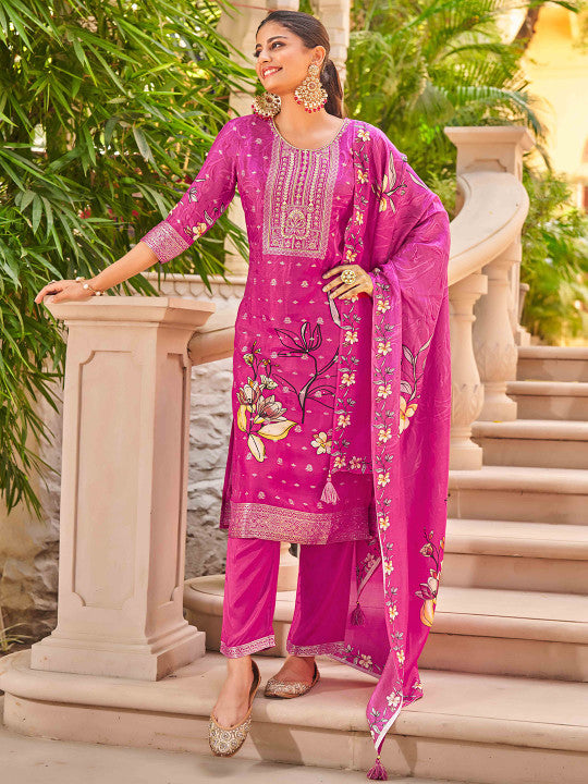 House of Pataudi Women Floral Embroidered Kurta With Trousers & Dupatta Kurta Sets