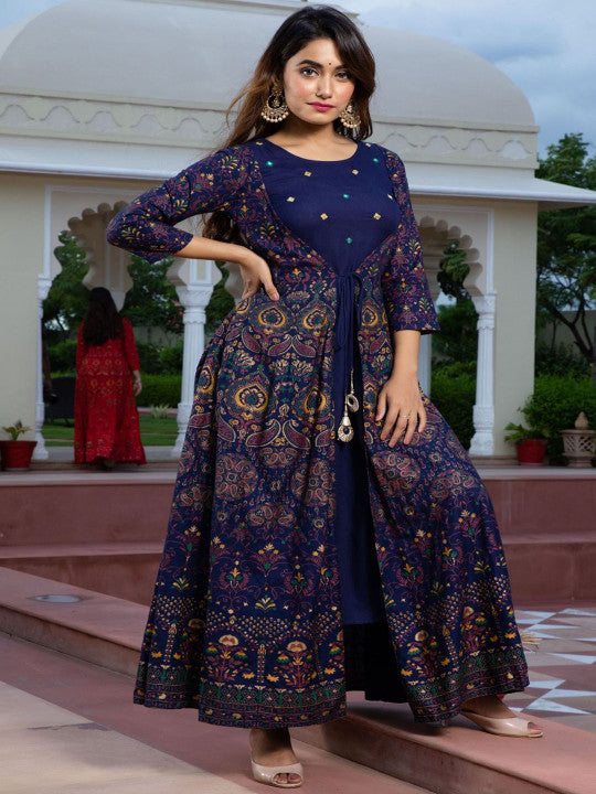 ftDiva Floral Printed Round Neck Fit & Flare Ethnic Dress